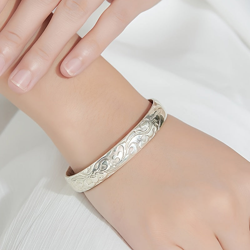 925 Sterling Silver Retro Floral Open Bracelet – 10g, Versatile DIY Jewelry for Charms, Easy-to-Wear Fashion Gift