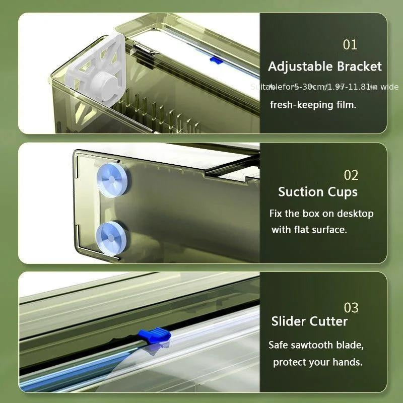Food-Safe Cling Film Cutter Box - Large Roll Compatible Kitchen Plastic Wrap Dispenser with Slide Cutter