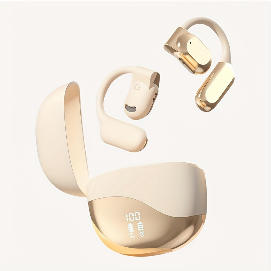 5.4 Chip Wireless Sport Earbuds - Open-Ear Headphones with LED Display, Sweat-Resistant, Hands-Free Calling, and Long-Lasting Comfort (Black/Skin)