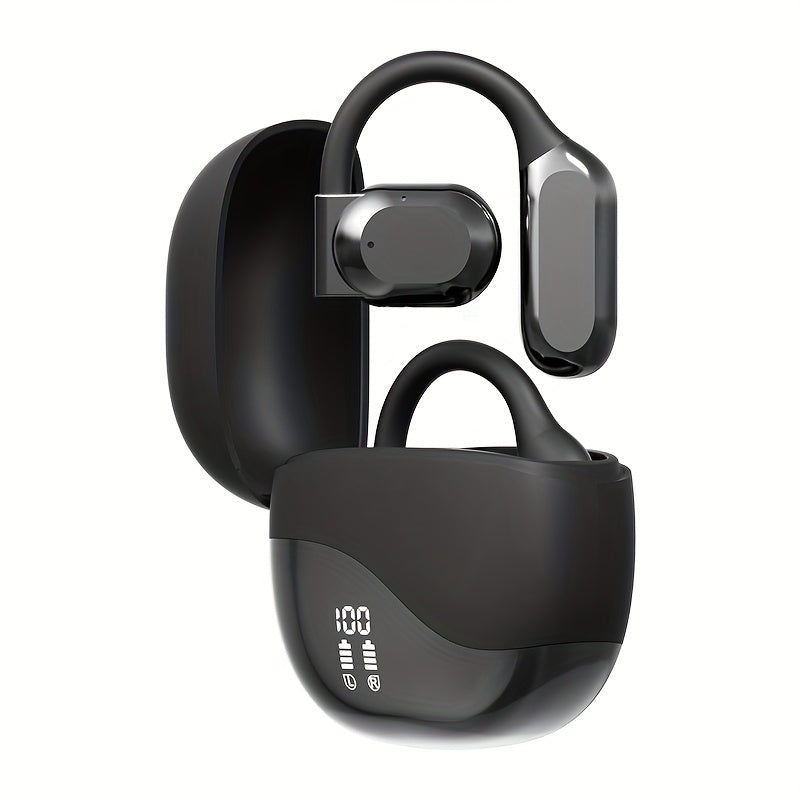 5.4 Chip Wireless Sport Earbuds - Open-Ear Headphones with LED Display, Sweat-Resistant, Hands-Free Calling, and Long-Lasting Comfort (Black/Skin)