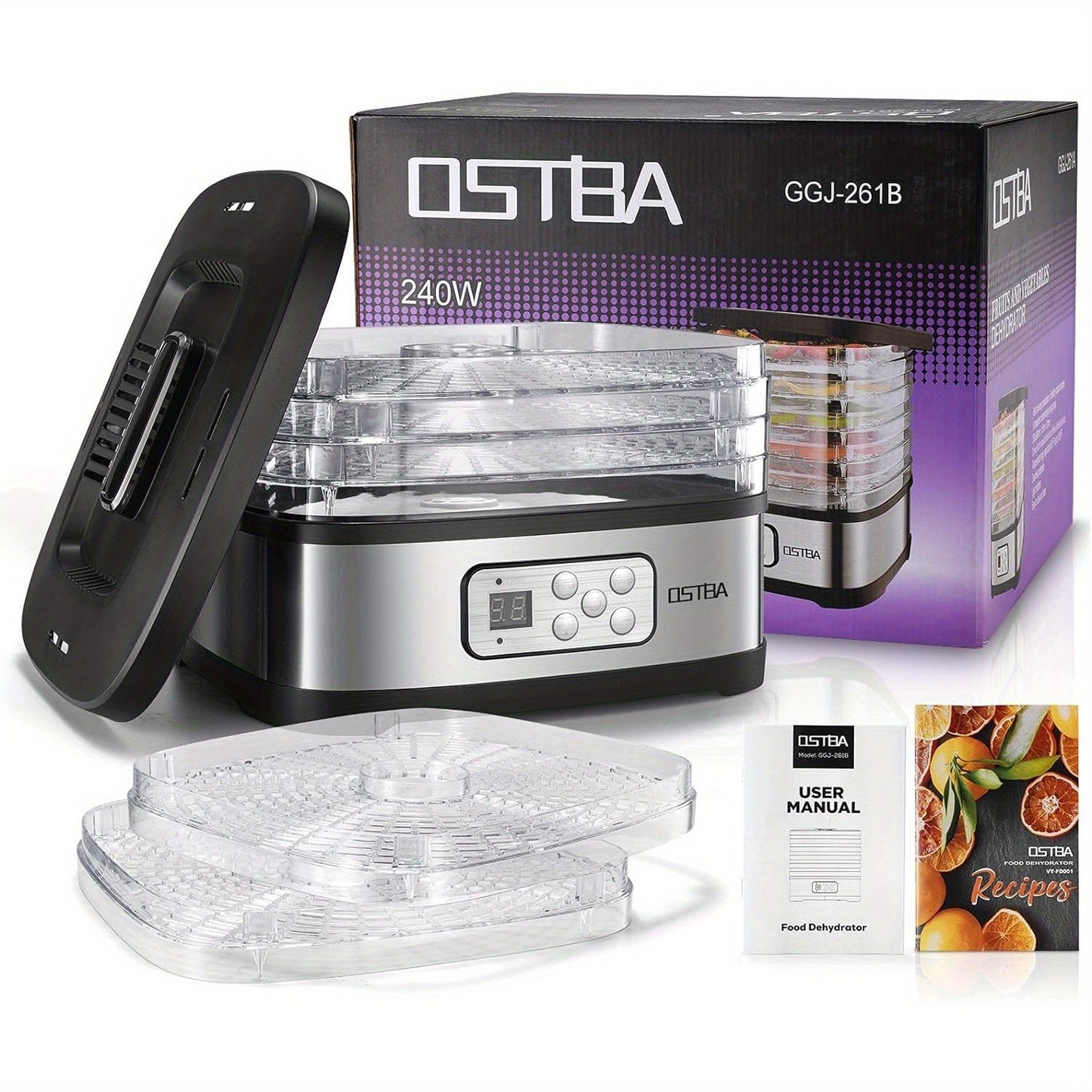 5 Tray OSTBA Food Dehydrator Machine – Adjustable Temp Control, 72H Timer, LED Display and Recipe Book – 240W for Drying Food, Jerky, Fruit, Dog Treats