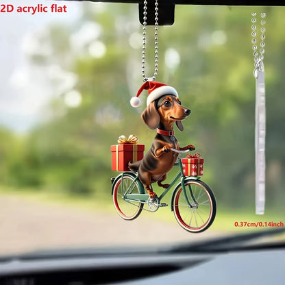 Christmas Cycling Dachshund Acrylic Hanging Ornament - Retro Bicycle Dog Keychain, Car Pendant Decoration, Festive Keyring Accessory with Gift Box