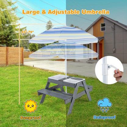 Kids 4 in 1 Sand & Water Table – Wood Outdoor Activity Table & Bench Set with 3 Removable Boxes, Adjustable Umbrella for Ages 3+