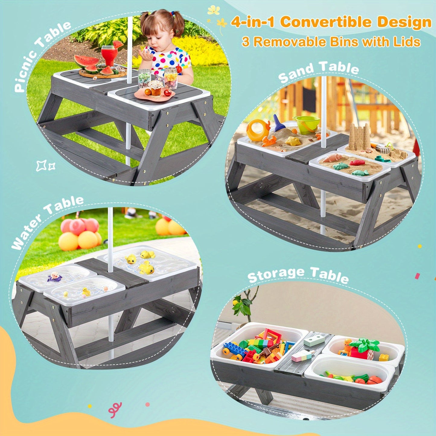 Kids 4 in 1 Sand & Water Table – Wood Outdoor Activity Table & Bench Set with 3 Removable Boxes, Adjustable Umbrella for Ages 3+