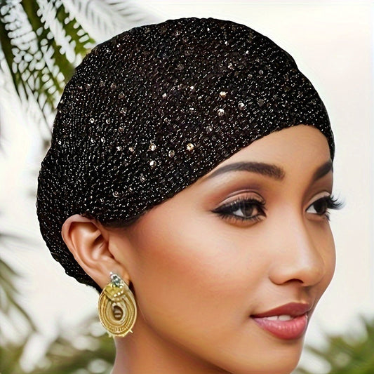 Elegant Solid Color Knitted Women's Hair Bonnet - Stretchable, Soft, Breathable Cap with Rhinestone Decoration, Urban Easter Theme