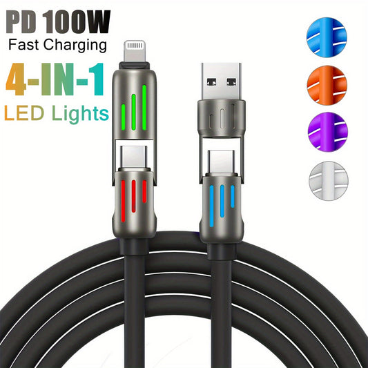 100W 4-in-1 Super Fast Charge USB-C Cable - Liquid Silicone & Aluminum Alloy, Compatible with iPhone, Samsung, Xiaomi, OnePlus - Charging and Data Sync