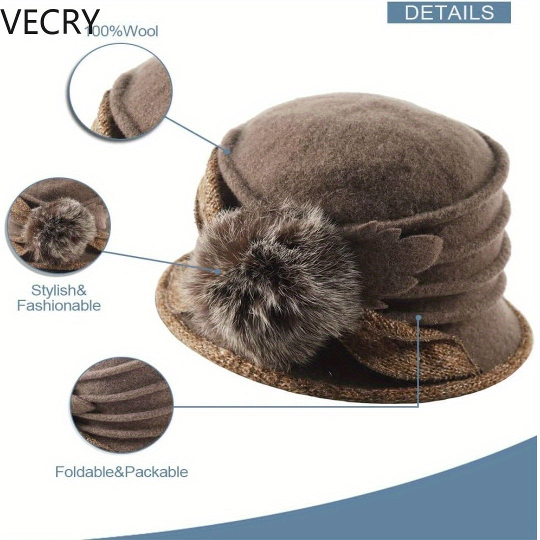VECRY Beret Hat for Women - French Vintage Floral Wool Cloche, Classic Winter Dress Hat