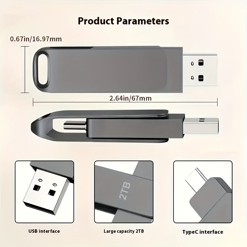 2TB Dual Interface USB-C Flash Drive - Large Capacity Thumb Drive for Phones & Computers, Compatible with Most Devices, Efficient Transfer Speeds