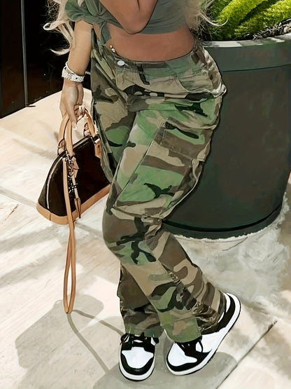 Fashionable High-Waist Camouflage Cargo Jeans – Sleek Straight Fit with Medium Stretch & Stylish Flap Pockets – Trendy High-Rise Denim Pants for Women