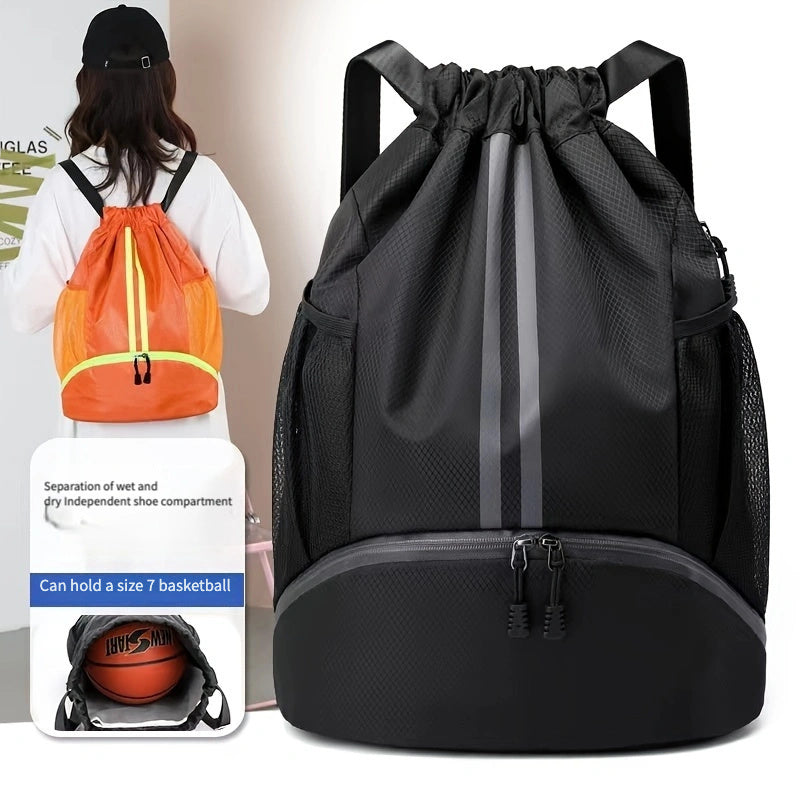 Nylon Sports Drawstring Backpack – Wet/Dry Separation, Tassel Embellishment, Framed Design with Utility Pocket, Plaid Pattern Bag for Basketball, Soccer, Volleyball