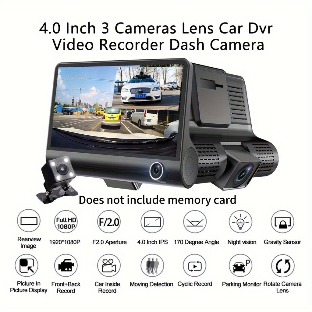 1080P Three Camera Recorder - On-Dash Cameras with Night Vision, Car DVR for Safe Driving