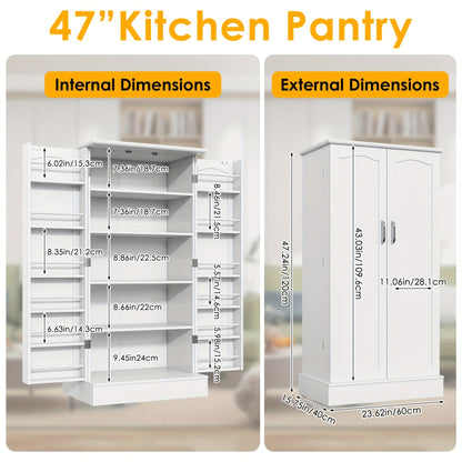 47 Inch White Kitchen Pantry Storage Cabinet – Freestanding Pantry with Doors & Adjustable Shelves, Buffet Cupboard for Kitchen, Living Room, Dining Room