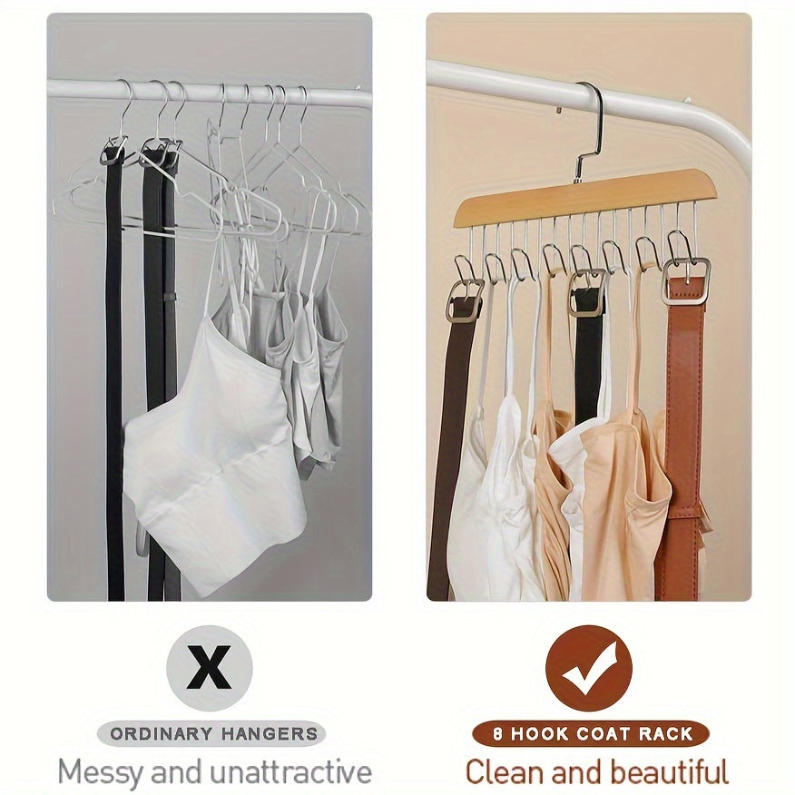 Bra Hanger for Closet – 3-Pack Tank Top Hanger with 8 Hooks, Space-Saving Wooden Organizer for Bras, Camisoles, Swimsuits & Dresses, 360° Rotating, Dorm & Apartment Storage