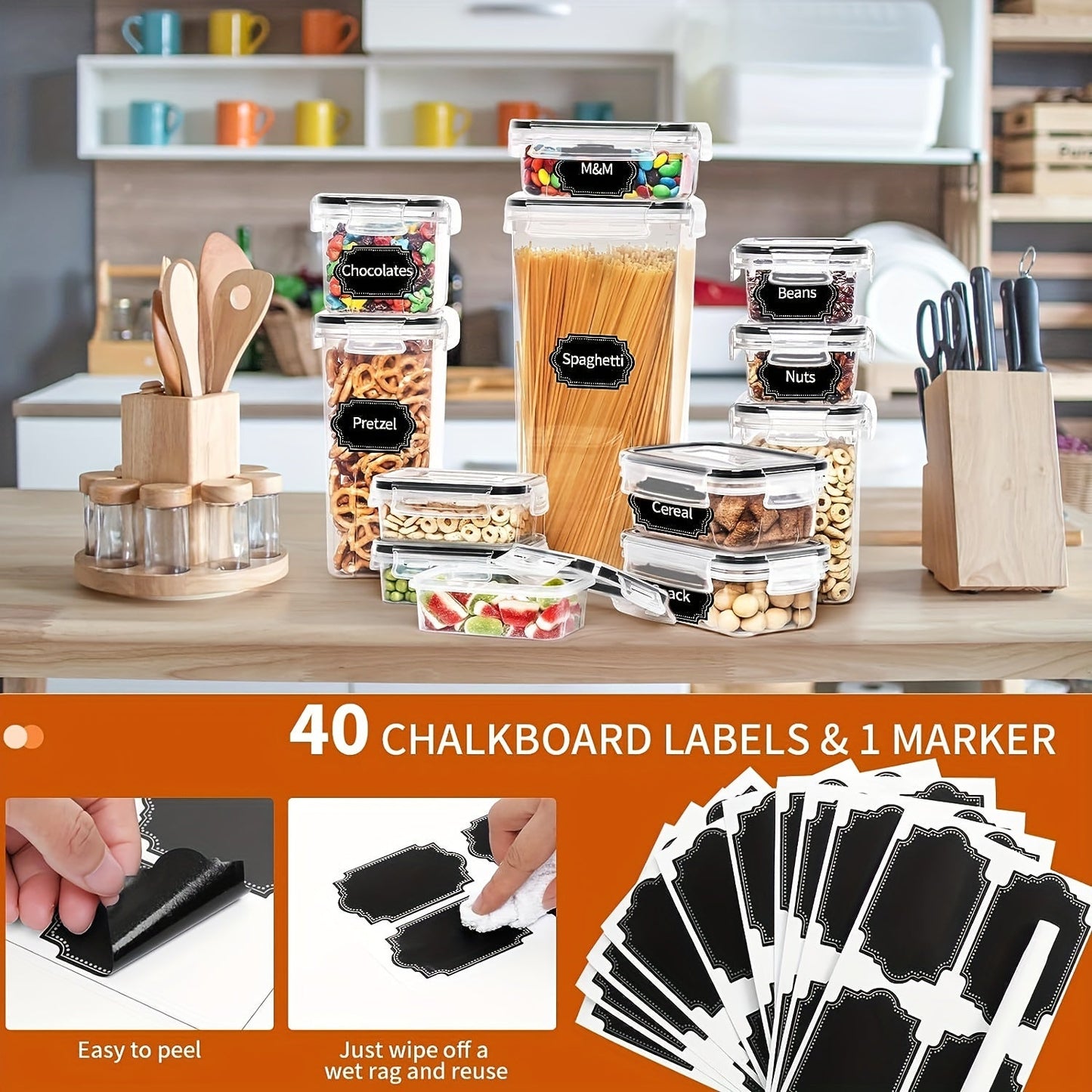 Skroam 36 Pack Airtight Food Storage Containers: BPA-Free Plastic with Lids, Labels and Marker for Kitchen Pantry Organization - Ideal for Flour, Sugar, and Cereal