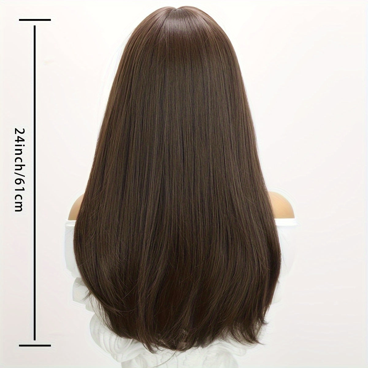 Long Natural Straight Dark Brown Wig with Blunt Bangs - 24 Inch, Synthetic Fibers, Rose Net, Perfect for Daily Wear
