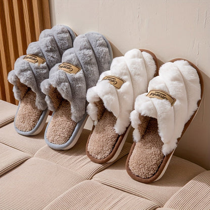 Cozy Plaid Colorblock Slippers for Men & Women - Warm, Non-Slip Indoor Shoes with Soft Faux Rabbit Fur Lining [Fast Arrival]