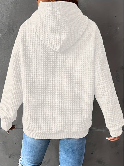 Cozy Plus Size Women's Hoodie – Heart Rugby Print, Waffle Knit, Long Sleeve with Drawstring Hood and Kangaroo Pockets, Casual Wear for Curvy Fashionistas