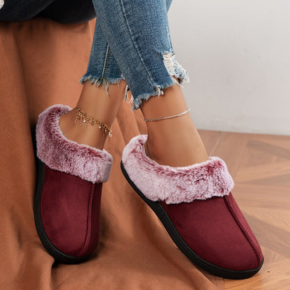Fluffy Solid Color Cozy Slippers - Soft Sole Flat Closed Toe Plush Lined Winter Non-Slip Home Warm Shoes