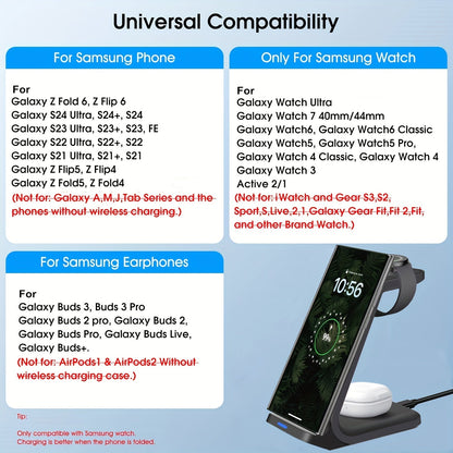 3 in 1 Wireless Charging Station for Samsung – Portable Charger for S24 Ultra/S24/S24+/S23 Ultra/S23/S22 Ultra/S22/S21/Note 20, Galaxy Watch 6/6 Classic/5/5 Pro/4 and Galaxy Buds 2 Pro