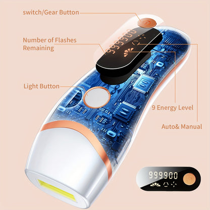 LYSMOSKI IPL Hair Removal Device - 3 Functions (HR/SC/RA), 9 Levels, 999,900 Flashes, Automatic and Manual Modes, For Face, Body, Bikini, Underarm