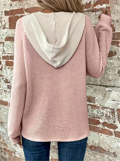 Color Block Button Front Drawstring Hoodie - Casual Long Sleeve Sweatshirt for Women