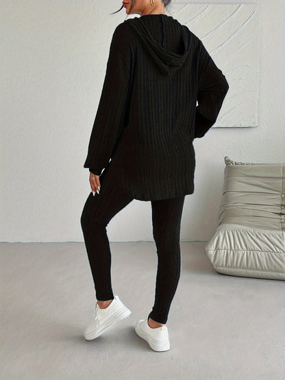 Ribbed Two-Piece Set - Casual Long Sleeve Hooded Top and Skinny Pants Outfit for Women