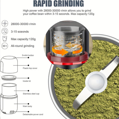 120g Extra-Large Electric Spice Grinder - Powerful Fast Grinding for Coffee, Nuts, Spices, Flower Buds - Includes Cleaning Brush