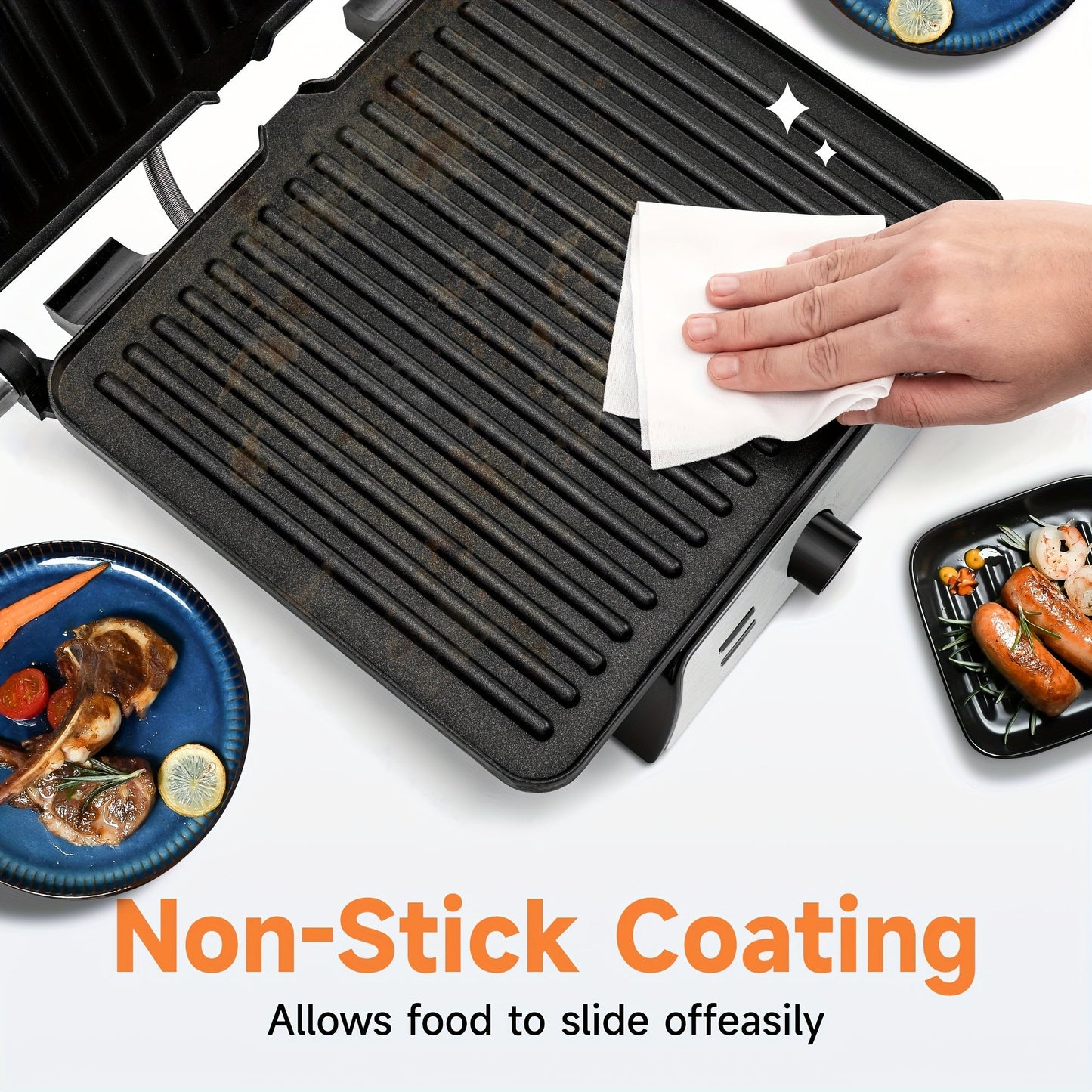 180-Degree 3-in-1 Electric Indoor Grill and Panini Press - Non-Stick Cooking Plates, Floating Hinge, Grease Tray