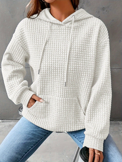Plus Size Casual Hooded Sweatshirt for Women – Solid Waffle Pattern, Long Sleeve, with Drawstring and Pockets
