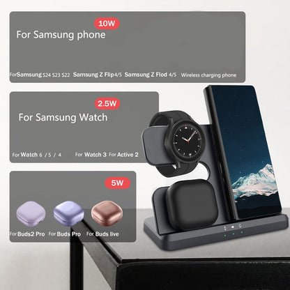 3 in 1 Fast Wireless Charger Stand - Compatible with Samsung Galaxy S24/S23 Ultra, Z Flip/Fold Series, Galaxy Watch 7/6/5 Pro, and Galaxy Buds 2 Pro