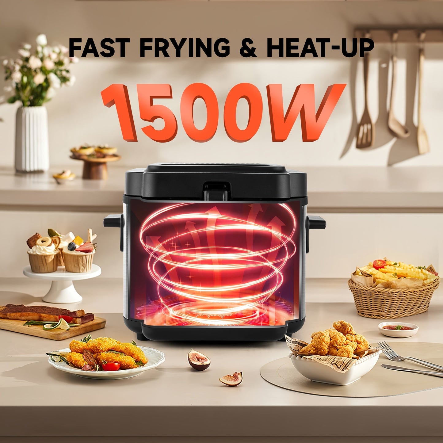 SUSTEAS 1500W Electric Deep Fryer with Basket - Easy Clean Non-Stick Pot, Temperature Control, Removable Lid, Ideal for Home Kitchens and Restaurants