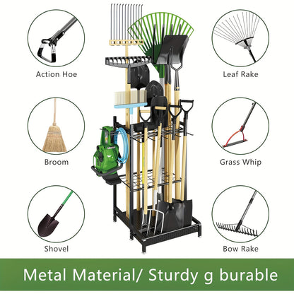 Heavy-Duty Tool Organizer Rack - Spacious Storage for Long-Handled Gardening Tools, Hooks, and Accessories - Durable Metal Construction, Sturdy Black Design, Ideal for Garage and Utility Storage