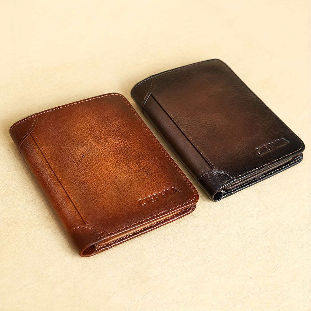 1pc Genuine Leather RFID Blocking Wallet for Men - Retro Thin Short ID & Credit Card Holder, Multi-Functional Gift for Valentine's Day
