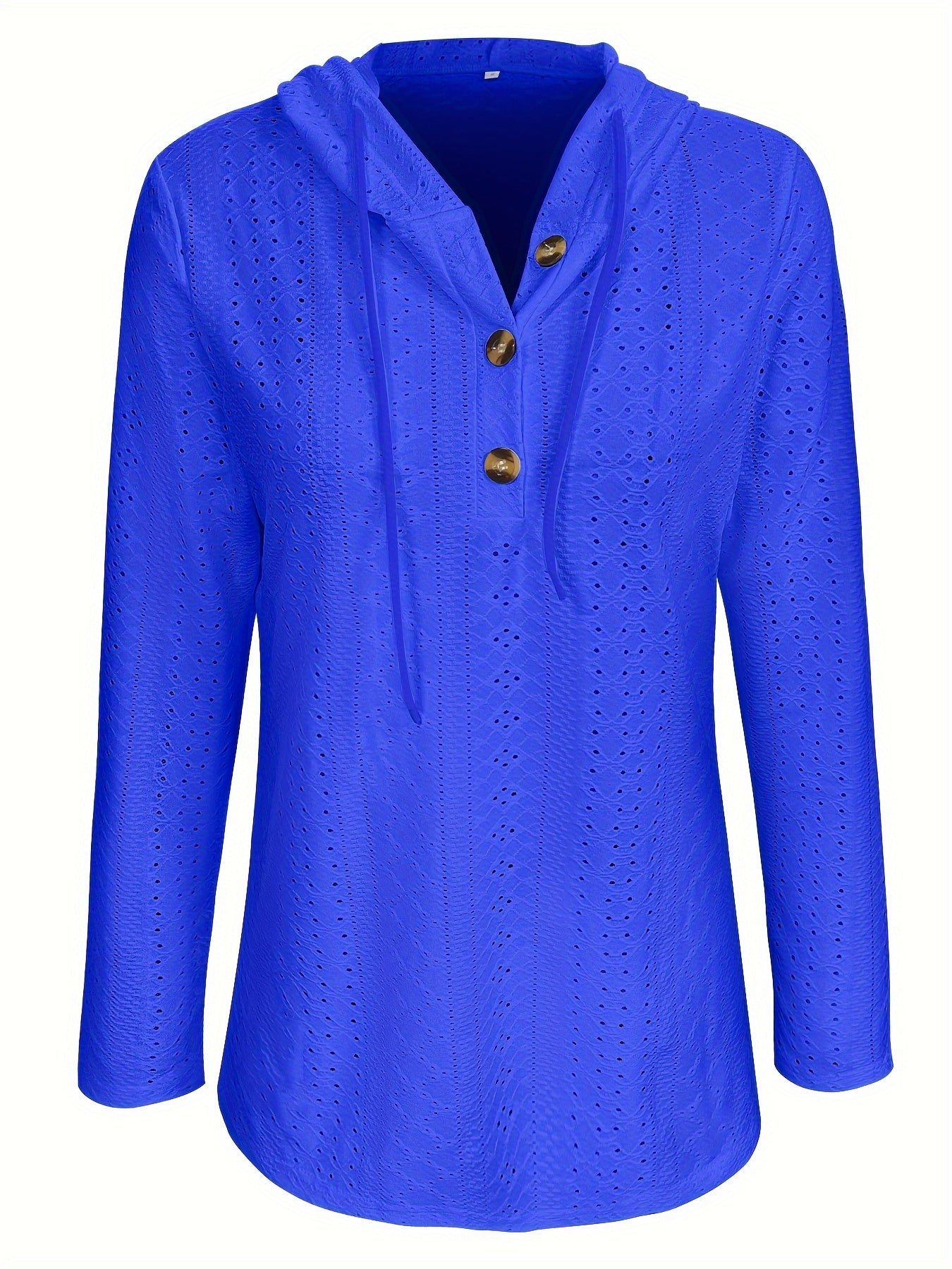 Solid Color Button Eyelet Hoodie – Casual Long Sleeve Drawstring Sweatshirt – Women's Clothing