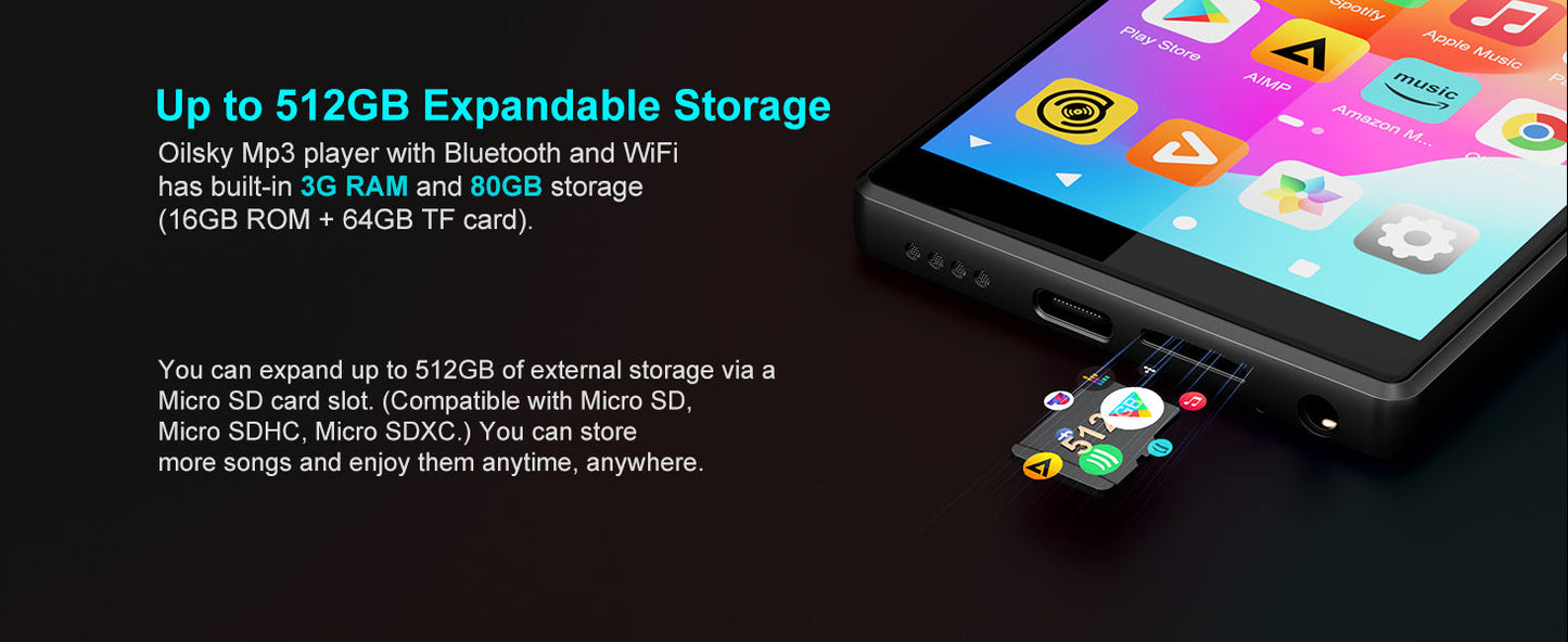 Oilsky M501 MP3 Player - 80GB, Bluetooth & WiFi, Android 9.0, 1080P MP4, Expandable up to 512GB