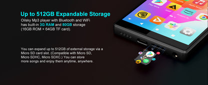 Oilsky M501 MP3 Player - 80GB, Bluetooth & WiFi, Android 9.0, 1080P MP4, Expandable up to 512GB