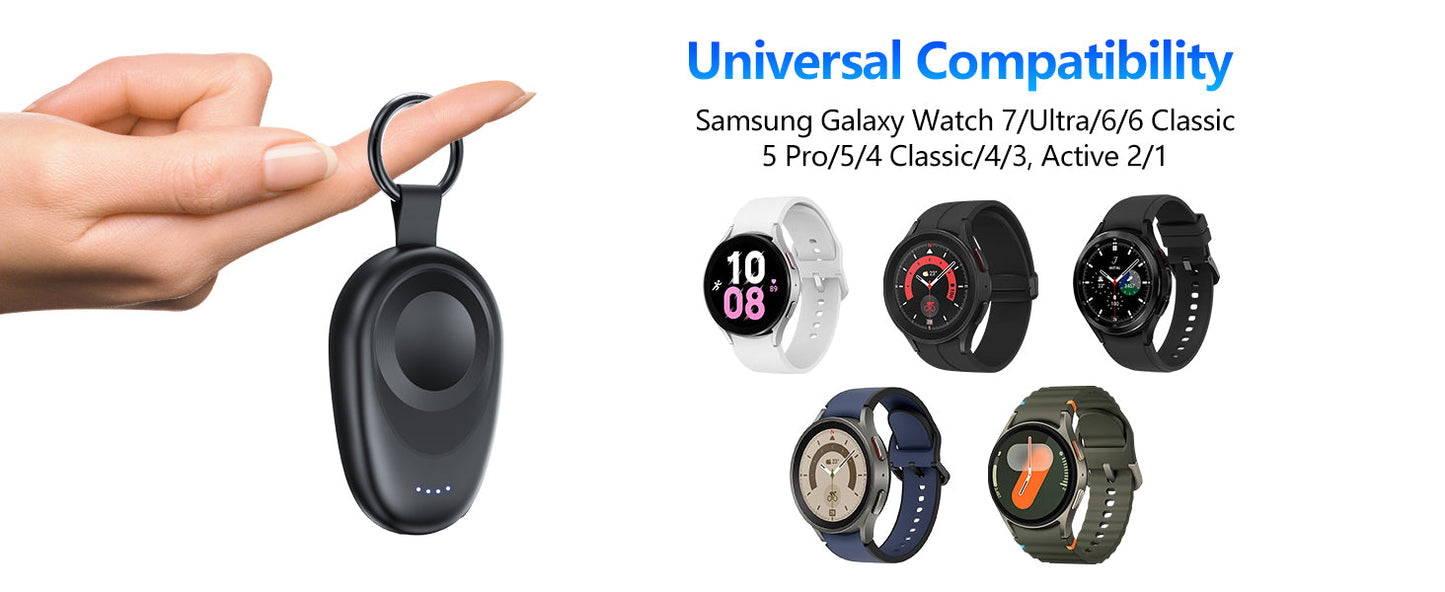 NEWDERY Magnetic Keychain Charger — Portable Wireless Power Bank for Samsung Galaxy Watch 7/Ultra/6/6 Classic/5 Pro/4/3 & Active 2/1