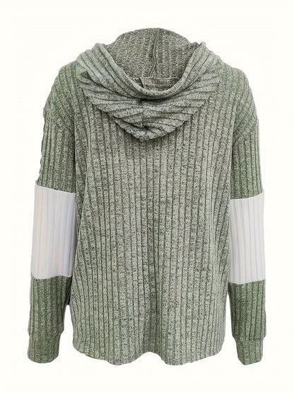 Color Block Zip-Up Drawstring Hoodie – Casual Long Sleeve Rib Knit Sweatshirt for Women