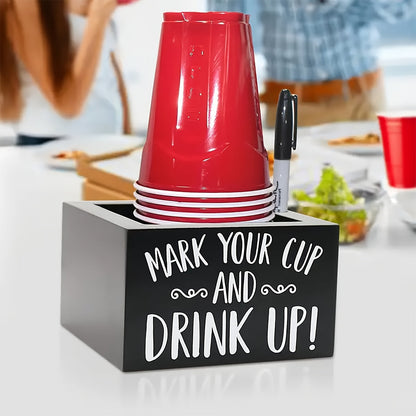 Rustic Wooden Cup Holder with Marker Slot - Ideal for Coffee Shops, Bars, and Parties, Fits Most Plastic Cups, Decorative Drink Dispenser with Utility Hooks
