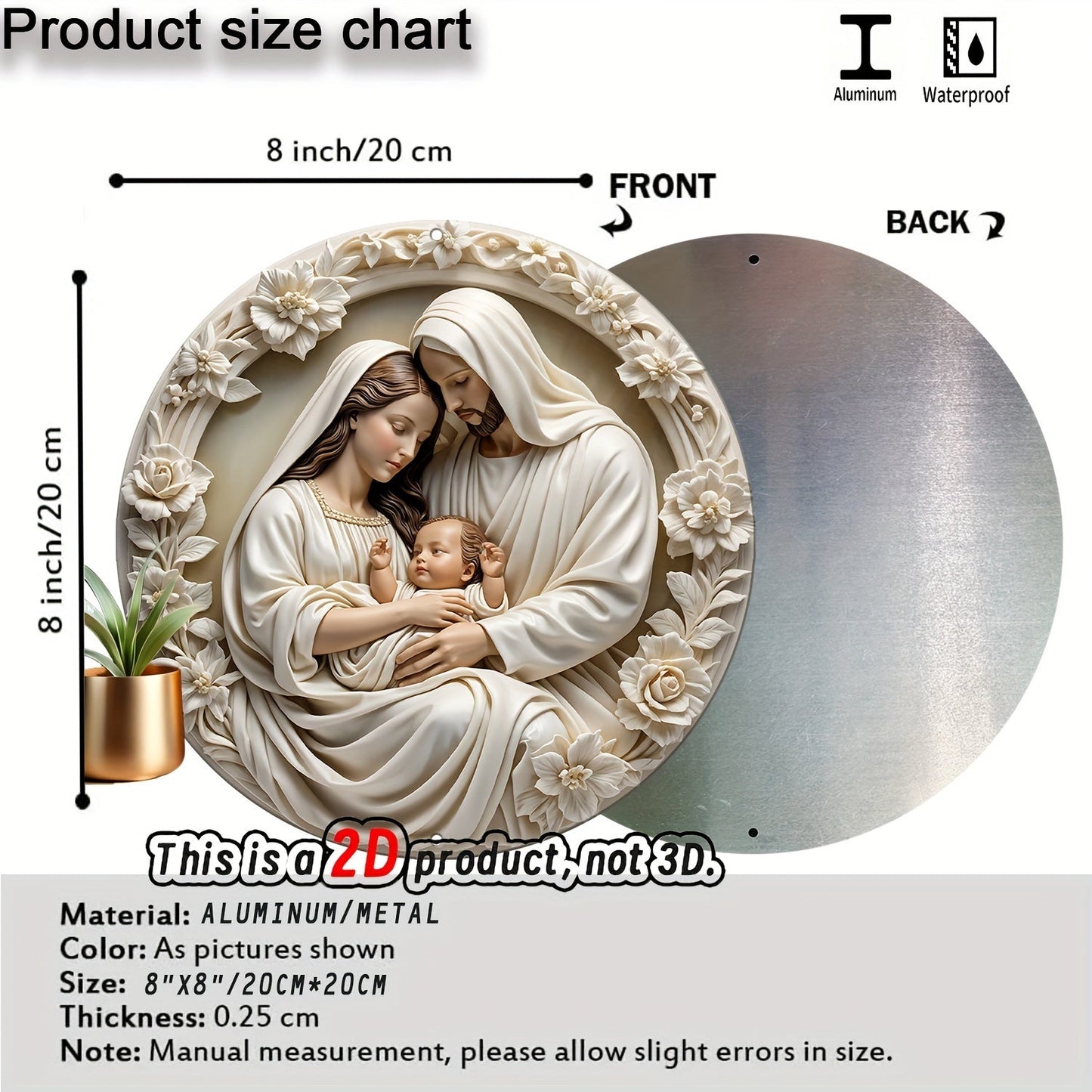 Round Aluminum 'Nativity' Sign - 8x8 Inches | 3D Vision Christmas Wreath Sign for Front Door, Living Room, Cafe, Farmhouse | Ideal Gift & Home Decoration