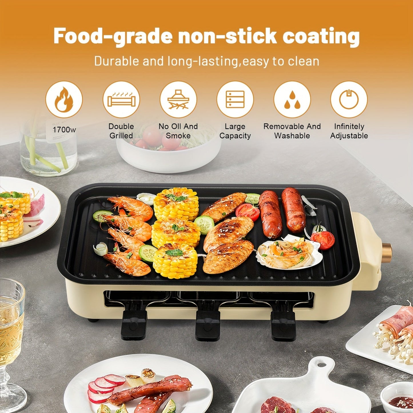 1500W SUSTEAS Smokeless Electric Indoor Grill – 2-in-1 with Non-Stick Removable Plate, Temperature Control, Dishwasher Safe – Healthy, Space-Saving Design