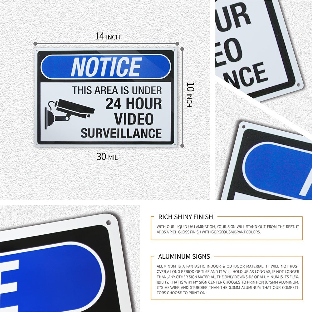 4pcs 24-Hour Video Surveillance Warning Signs - 10"x14" Rust-Free Aluminum, UV-Printed, Durable Weatherproof with Pre-Drilled Holes for Home & Office