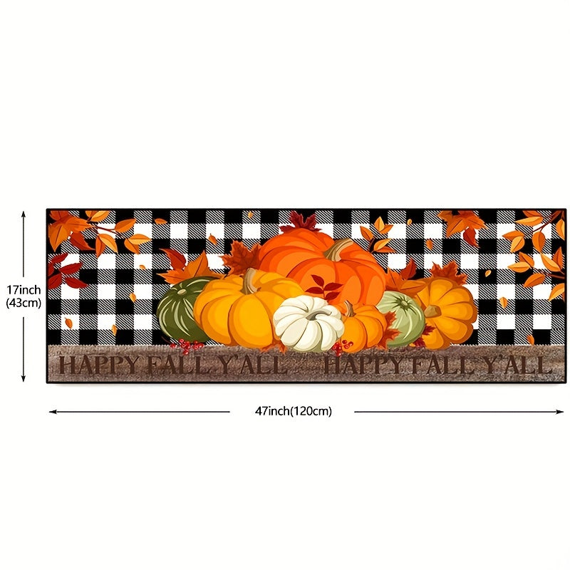 Autumn Pumpkin Print Floor Mat – Thanksgiving Harvest Carpet with Maple Leaf Grid, Anti-Fatigue, Anti-Skid and Washable for Kitchen, Dining Room, Office and Laundry Room