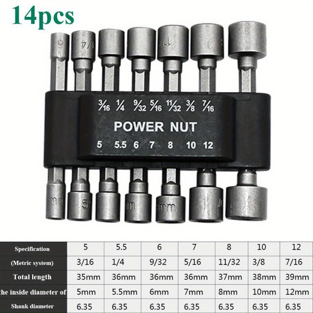 14-Piece Power Nut Driver Bit Set - 1/4" Hex Shank, CR-V Steel, Screwdriver Socket Bits for Power Tools, Sizes 5-13mm, No Battery Required