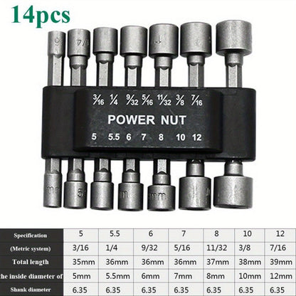 14-Piece Power Nut Driver Bit Set - 1/4" Hex Shank, CR-V Steel, Screwdriver Socket Bits for Power Tools, Sizes 5-13mm, No Battery Required
