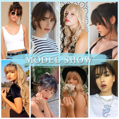 Clip-In Human Hair Bangs - Wispy Fake Fringe with Temples, Curved Hairpieces for Women, Daily Wear Clip-On Bangs