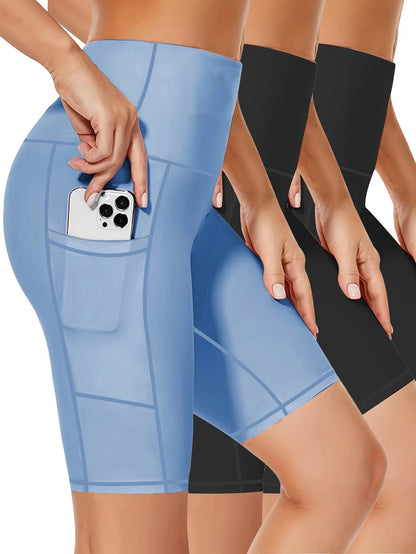 3pcs High Waist Yoga Shorts with Pockets - Breathable Fabric, Butt-Lifting Athletic Compression Shorts for Women, Sport Style Gym Activewear