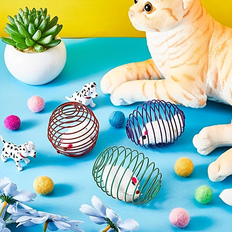 3pcs Interactive Cat Toy Set - Colorful Spring, Rolling Balls and Mouse Toys for Entertained Cats