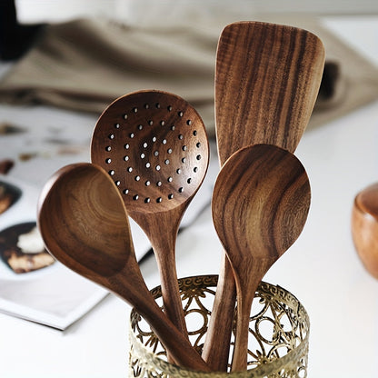 7pcs Premium Teak Wooden Cooking Spoons Set - Ergonomic Non-Stick Spatula with Soft Grip Handle - Perfect for Back to School, Kitchen Essentials, and Culinary Arts