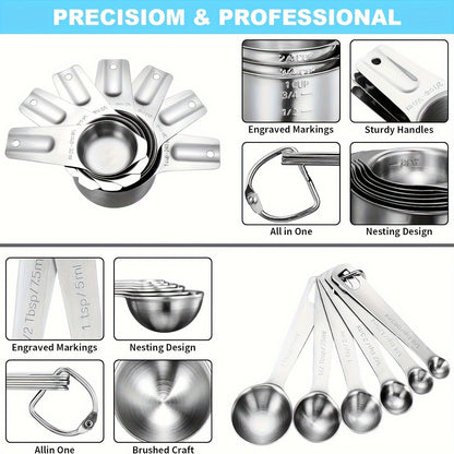 20 Piece Stainless Steel Measuring Cups and Spoons Set - Stackable Cups, Spoons, and Leveler for Dry and Liquid Ingredients - Essential Baking Tools for Kitchen